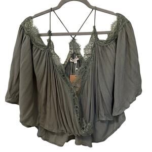 Malibu Bum Lace Trimmed Flowy Blouse Women's Size Large Green Boho Fairy Indie